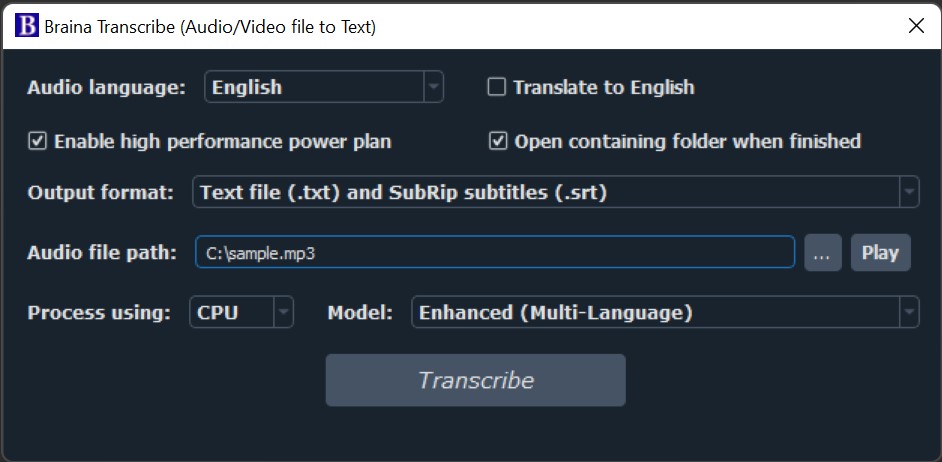 Audio to Text transcription software - Braina