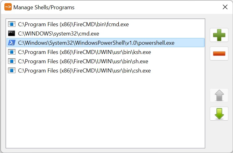 Manage Shells/Programs dialog box - FireCMD